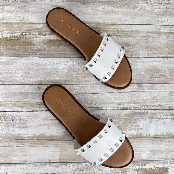 Sincerely Jules Tyler Studded Wide Strap Slide Sandals Size‎ 9 White Silver - Picture 10 of 10